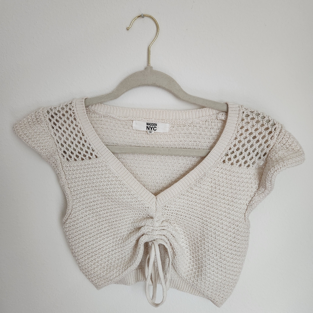 Beige Knit Crop Top with Lace Sleeves